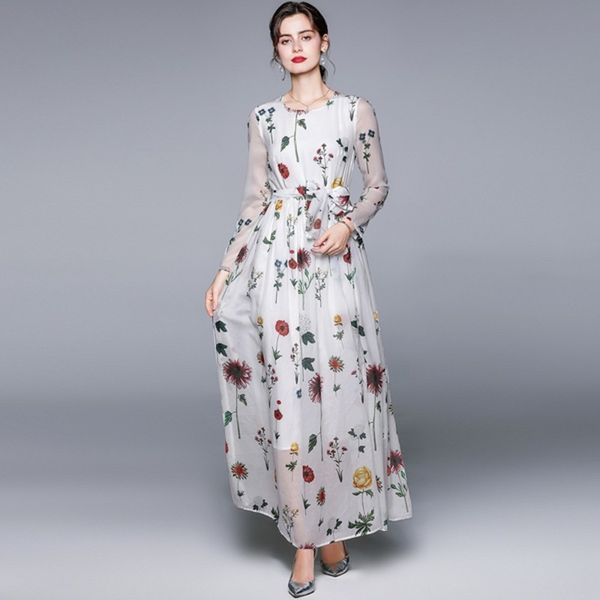 

summer women elegant sweet flower printed white chiffon o neck long sleeve a line slim beach maxi dress with scarf 210514, Black;gray