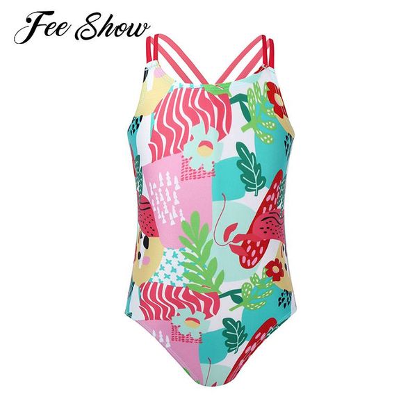

kids girls swimwear painting printed criss cross spaghetti straps jumpsuit bodysuit swimsuits bathing suits beachwear one-pieces, Black
