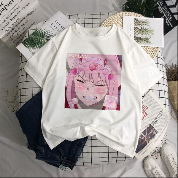 

darling in the franxx kawaii women t shirts anime fun print casual loose summer harajuku japanese cartoon vintage chic shirt, White