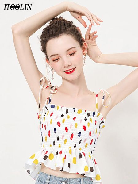 

women's tanks & camis itoolin crop women 2021 spaghetti with open shoulders ruffles polka dot woman summer cute cropped, White