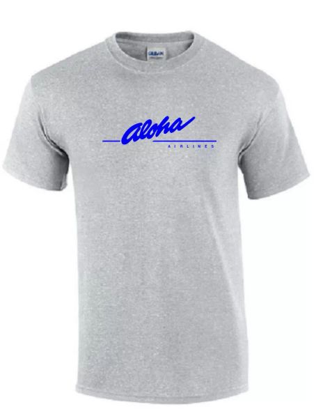 

aloha airlines blue vintage logo shirt hawaiian airline sport gray t-shirt, White;black