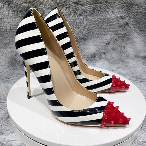 

dress shoes high heel striped heels with studs for women, 12cm stilettos pointed rivet, party, zebra,, Black