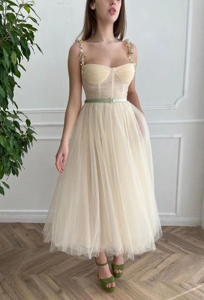 

party dresses bridalaffair elegnat champagne spaghetti straps tulle prom sweetheart off shoulder backless a line tea length gown, White;black