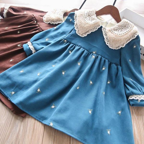 

girl's dresses lace lapel embroidery velvet dress girls wholesale, Red;yellow
