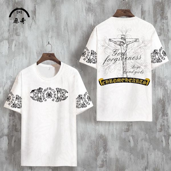 

brand short t-shirt men's fashion sanskrit print cross ice silk quick drying horseshoe half sleeve slim fit t-sh, White;black