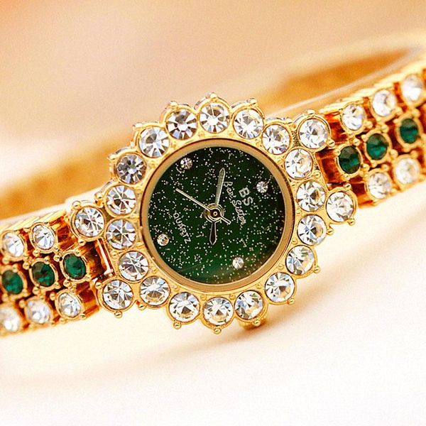 

wristwatches luxury women green dial bracelet quartz clock lady crystal metal gold belt fashion creative dress watches for ladies, Slivery;brown