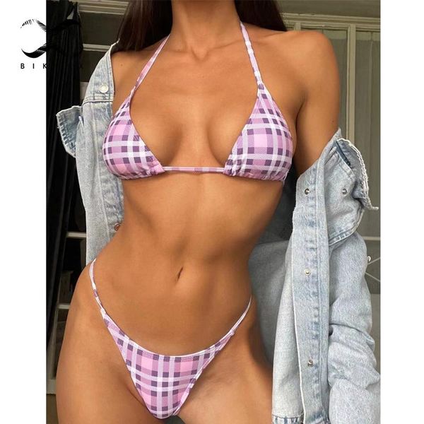 

women's swimwear 2021 triangle micro bikini set plaid print swimsuit swimming suit halter push up high cut bathing, White;black