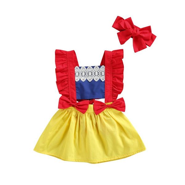 

girl's dresses toddler baby girls clothes 2pcs summer outfits ruffle sleeve cross back bow princess dress with headband children's, Red;yellow