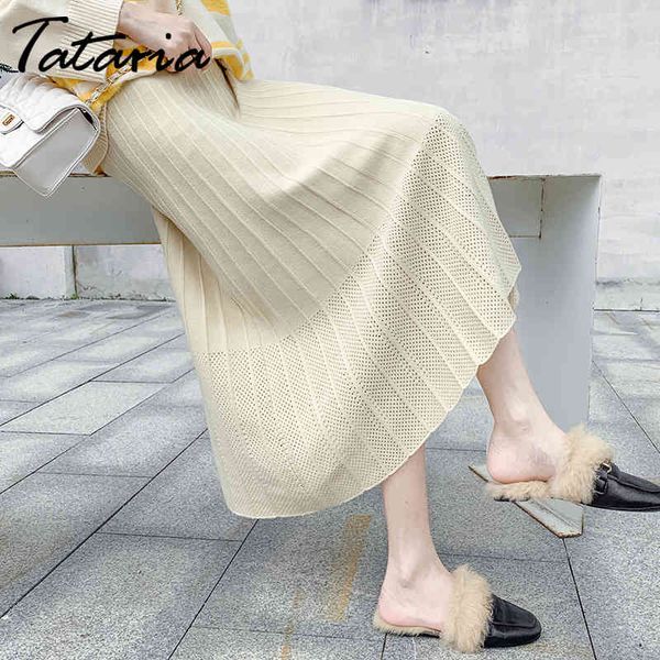 

tataria high waisted knitted skirt for women winter warm pleated hollow out elegant long female midi 210514, Black