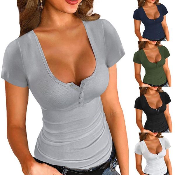 

women's t-shirt women summer fashion slim fit round neck short sleeve buttons casual solid color tee black white size s-3xl