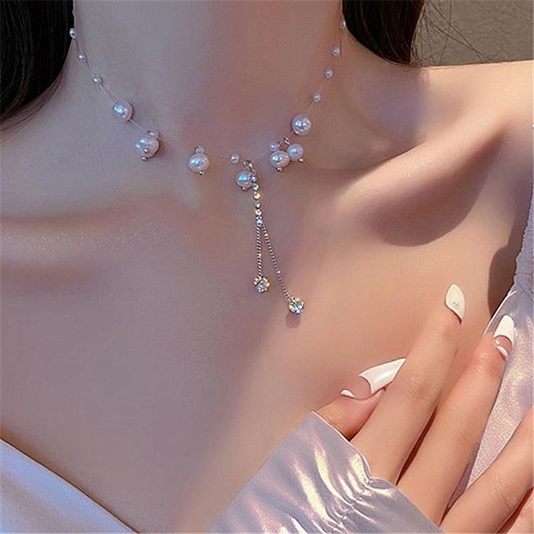 

chains modern jewelry choker necklace design shiny crystal simulated pearl for women gifts, Silver