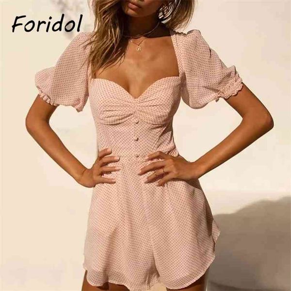 Foridol Polka Dot Pembe Romper Tulum Kadınlar Puf Kol Düğme Up Şifon Kısa Tulum Playsuit Geniş Bacak Plaj Yaz Romper 210415