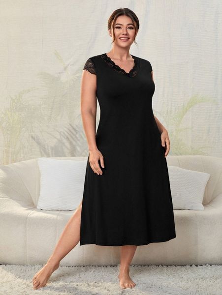 

plus contrast lace split thigh night dress o5vm#, Black;white