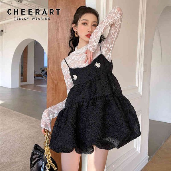 Siyah Dantelli Balo Yazlık Elbise Inci Spagetti Kayışı Mini Kız Cami Kadınlar Kore Moda 210427