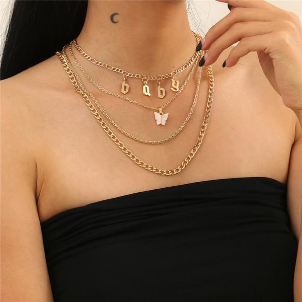 

chains korean version exaggerated multi-layer chain necklace atmospheric lowercase letter baby butterfly set of female jewelry, Silver