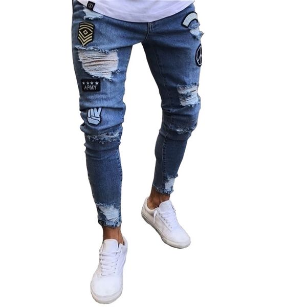 Erkekler için kot Pantolon Sıkıntılı Yırtık Erkek Streetwear Hip Hop Aplikler Kalem Pantolon Artı Boyutu Tam Boy Kot Pantolon Erkek Pantolon 210331