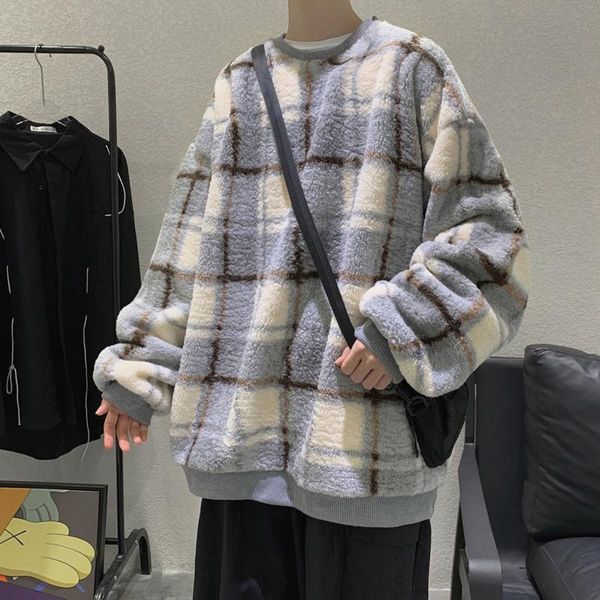 

winter thick plaid hoodie men's warm casual fashion korean lamb wool sweatshirt men harajuku streetwear pullover hoodies mens & sweatsh, Black