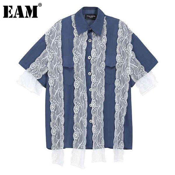 

[eam] women blue denim lace big size blouse lapel half sleeve loose fit shirt fashion spring summer 1dd8711 210512, White