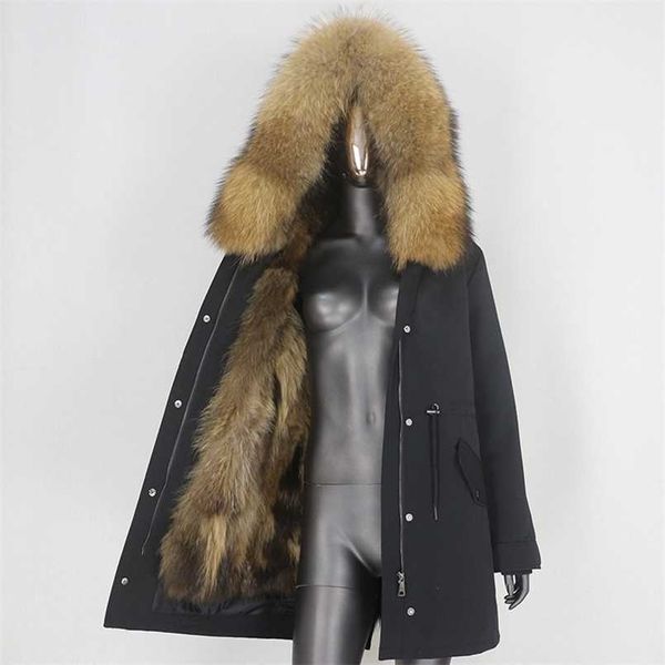 Cxfs casaco de pele real jaqueta de inverno mulheres longas parka impermeável guaxinim natural colarinho de gola grossa quentes forro 211110