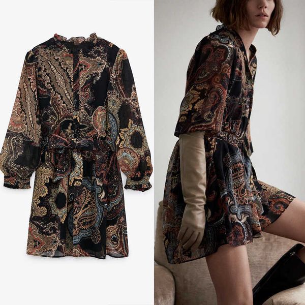

za vintage print long sleeve mini dress women ruffle o neck belt dresses woman chic interior lining front button vestidos 210602, Black;gray