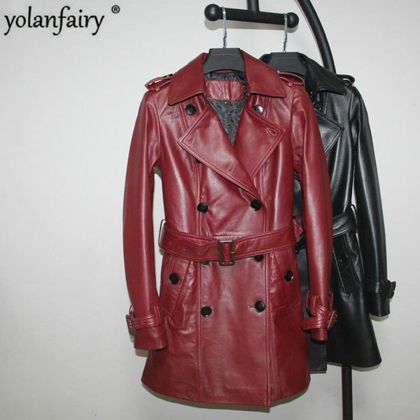 

women's leather & faux genuine jacket women clothes sheepskin coat long windbreaker female chaqueta cuero mujer 2021 kj4139, Black