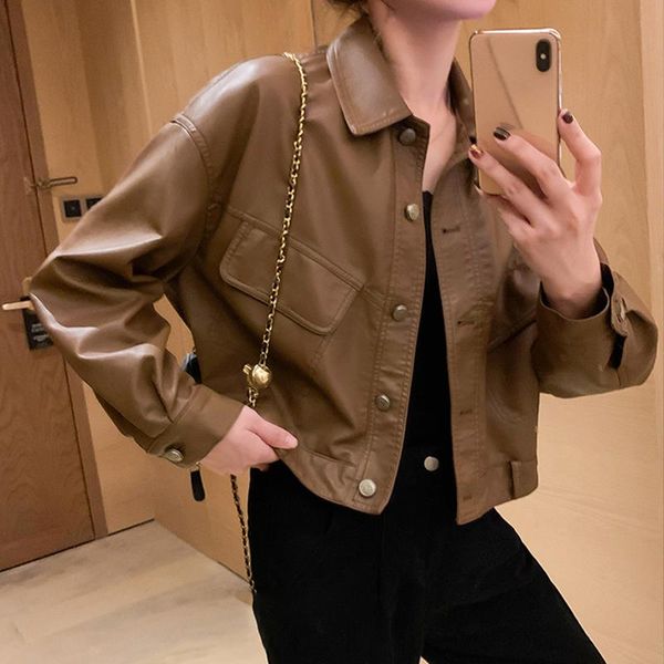 

women's leather & faux korean fashion jacket women winter loose streetwear pockets button biker casual vintage warm cropped coat, Black