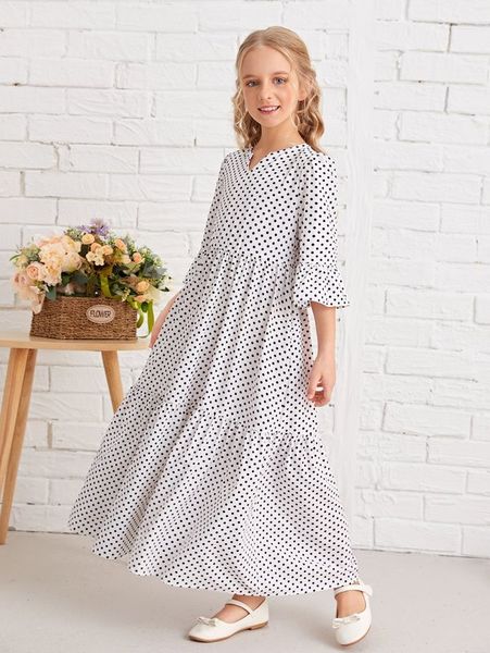 

girls polka dot print flounce sleeve dress she, Red;yellow
