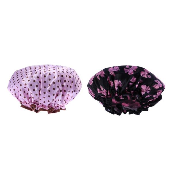 

2pcs waterproof shower bath cap with pot/flower design (black pink dot) caps