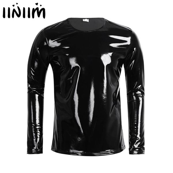 Iiniim Siyah Erkek Patent Deri Lateks Uzun Kollu Fermuar T-Shirt Gece Kulübü Metalik Parlak Hip Hop Kazak T-shirt Kostüm Top 210329