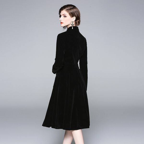 

casual dresses solid black woman velvet winter stand collar ladies a-line thick slim knee women office lady outer 8lh1, Black;gray