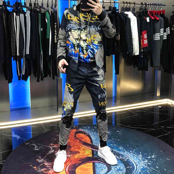 

hoodies autumn trend european male station custom print thin coat, sweater and pants three men's suit parts, Black