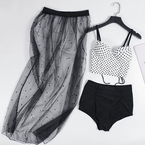 

one-piece suits three-piece swimsuit and cover up set women bathing high waist bikini swimwear transparent lace long dress