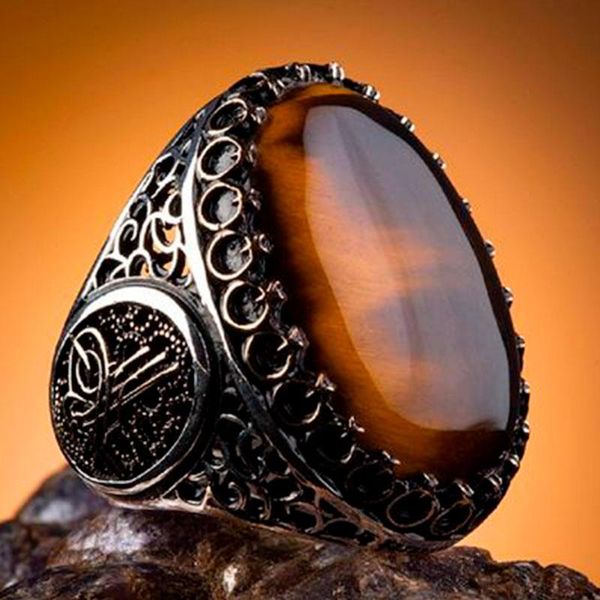

cluster rings stamped 925 sterling silver ring real pure for man amber and tiger eye natural stone patterned handmade turkish jewelry, Golden;silver