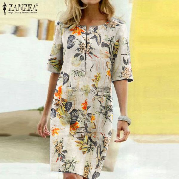 

2021 summer floral printed bohemian sundress zanzea vintage cotton linen party short dress women casual short sleeve vestidos 7, Black;gray