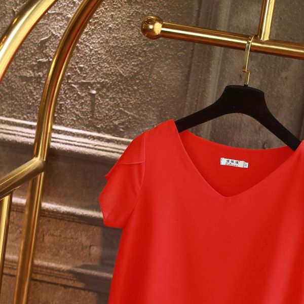 

100% original chiffon summer women shirt short sleeve v neck casual 9 solid color loose oversized lady, White