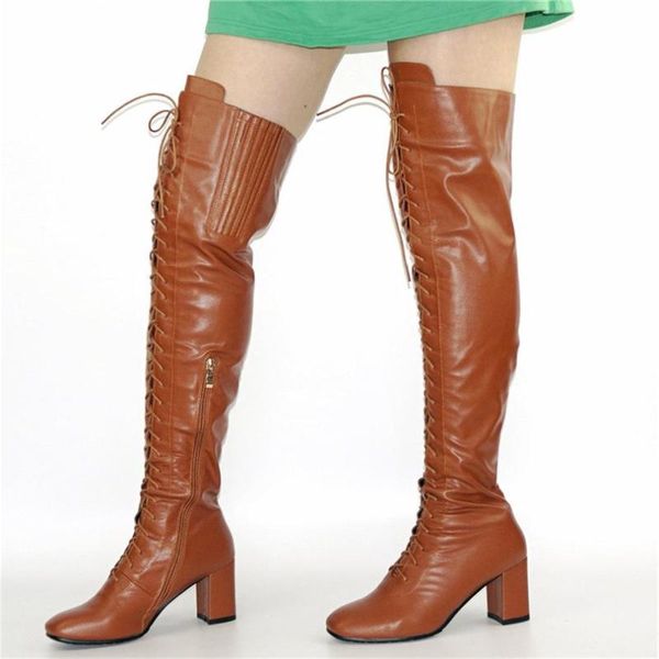 

boots winter warm women lace up thigh high over the knee block cuban heel oxfords fashion party tall long, Black