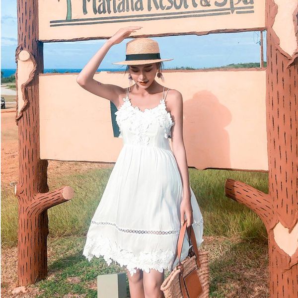 

casual dresses summer bohemian mini camisole women sleeveless a line high waist slim backless dress o neck solid floral femme, Black;gray