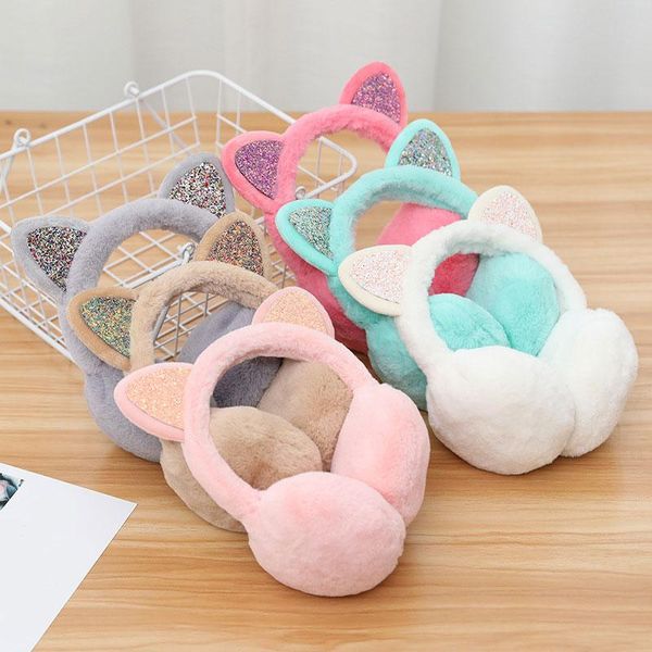 

berets winter soft plush ear warmer warm earmuffs for women cute cat ears earflap faux fur outdoor protection ear-muffs cover, Blue;gray