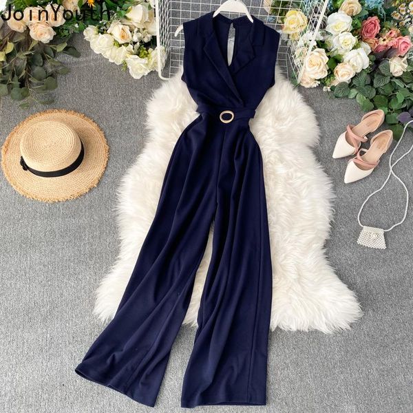

women's jumpsuits & rompers joinyouth 2021 elegant women sleeveless notched wide leg slim waist hollow-out korean playsuits 58311, Black;white