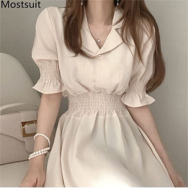 

korean fashion women long dress short sleeve notched collar elastic waist a-line dresses office elegant ladies vestidos 210513, Black;gray