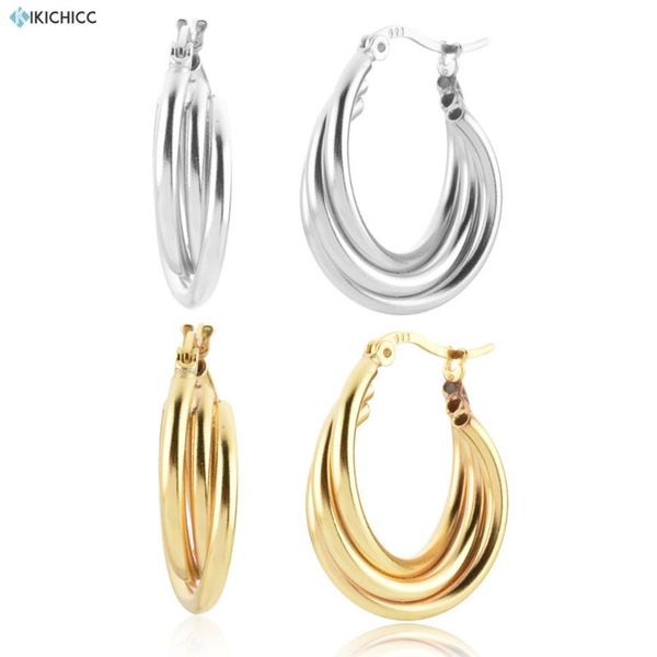 

hoop & huggie kikichicc 925 sterling silver gold 18mm three circle twist hoops earring piercing women luxury loops plain hollow jewelry for, Golden;silver