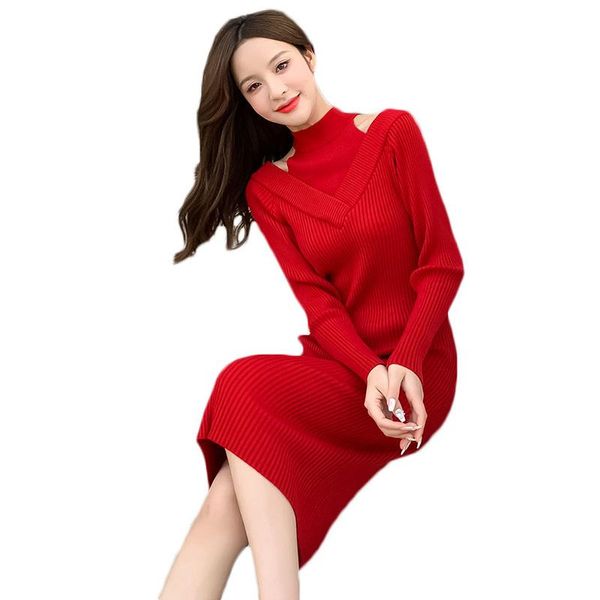 

casual dresses wsyore french retro spring mid-length sweater dress women autumn and winter slim long-sleeve knitted female ns2724, Black;gray