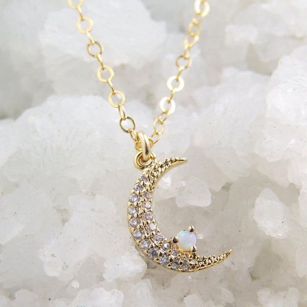 

cute female white opal pendant necklace yellow gold color long chain charm crystal star moon wedding for women necklaces, Silver