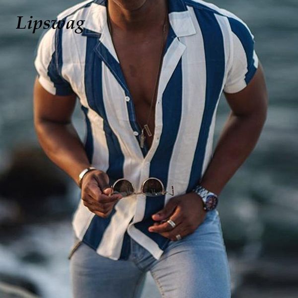 

men's casual shirts striped printed short sleeve for men summer fashion buttoned turn-down collar shirt 2021 streetwear, White;black