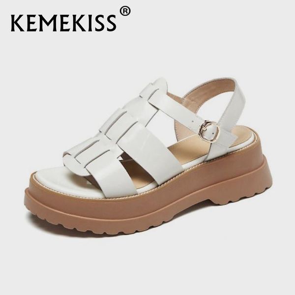 

sandals kemekiss plus size 34-42 women summer real leather platform t strap shoes for fashion casual daily footwear, Black