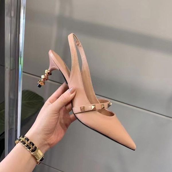 

sandals 2021 designer luxry women 7cm high heel shoes pointed toe with rivets spikes slingback lady wedding pumps, Black