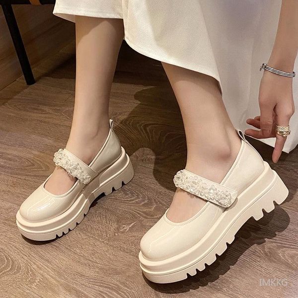 

dress shoes mary jane women leather rhinestone 2021 spring summer loafers ladiesthick heel platform wedge girl big size 43, Black