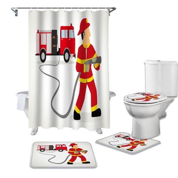 Duschvorhänge, Motiv: Feuerwehrmann, Cartoon-Feuerwehrauto, wasserdichter Stoff, Badezimmer-Vorhang-Set, rutschfeste Teppiche, Toilettendeckel-Abdeckung, Badematte