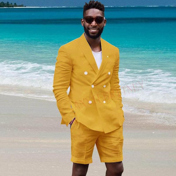 Kruvaze Altın Keten Erkekler Ile Şort Ile Yaz Balo Düğün Beach Suits Slim Fit Damat Smokin Ceket Pantolon Erkek Blazers