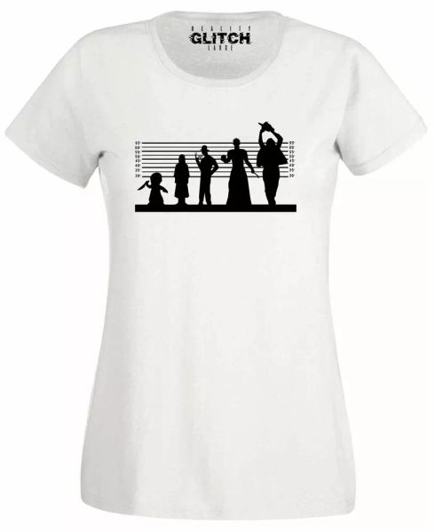 

horror line women's t-shirt identification parade funny halloween lineup, White;black